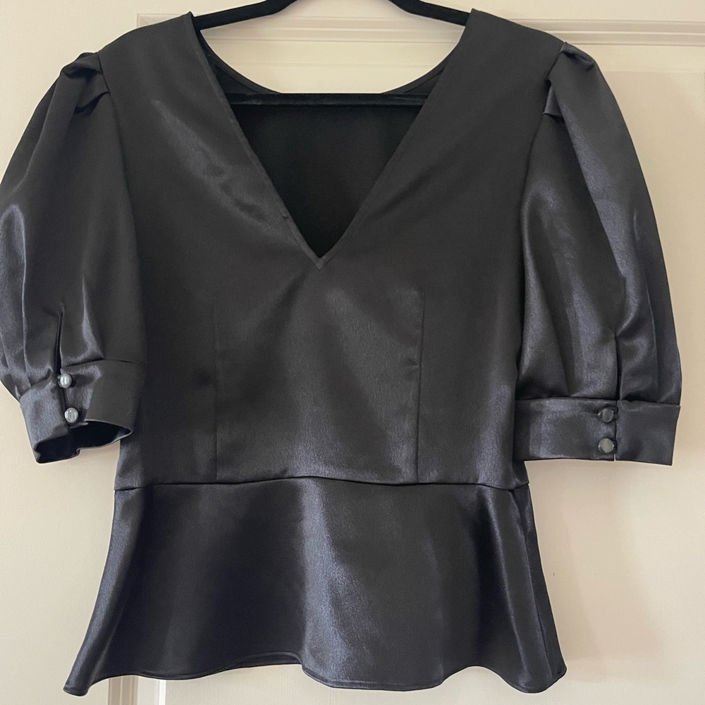 Chic Black Satin Blouse with Puff Sleeves